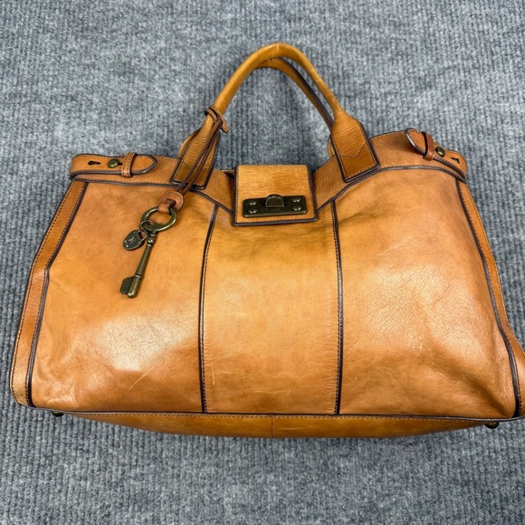 Fossil Handbags - Fossil Long Live Vintage Leather Tote Bag Womens Brown Key Lock Satchel Handbag